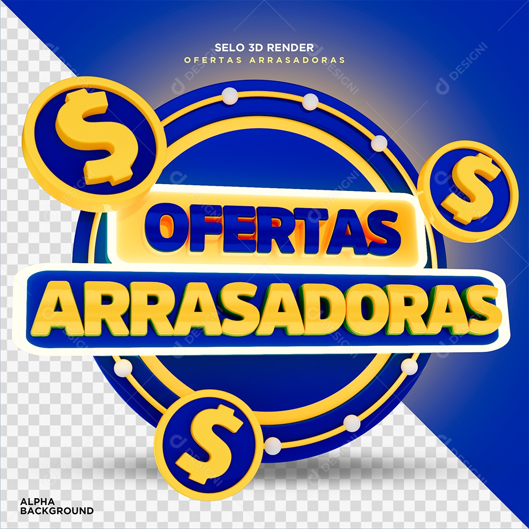 Ofertas Arrasadoras Selo 3D Dourado Azul para Composição PSD