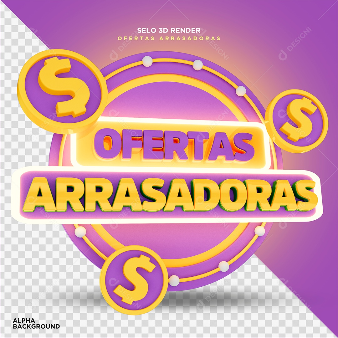 Ofertas Arrasadoras Selo 3D Dourado Roxo para Composição PSD
