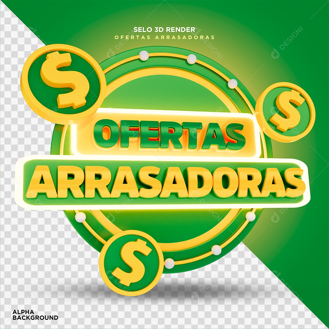 Ofertas Arrasadoras Selo 3D Dourado Verde para Composição PSD