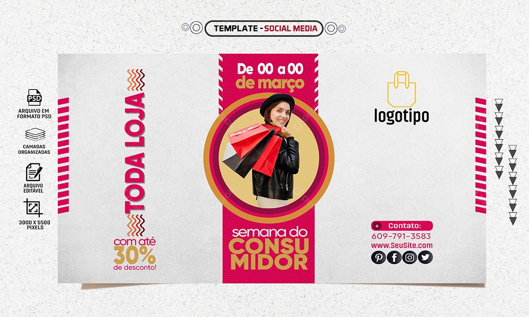 Social Media Banner Loja Com 30% Desconto Semana Do Consumidor PSD Editável