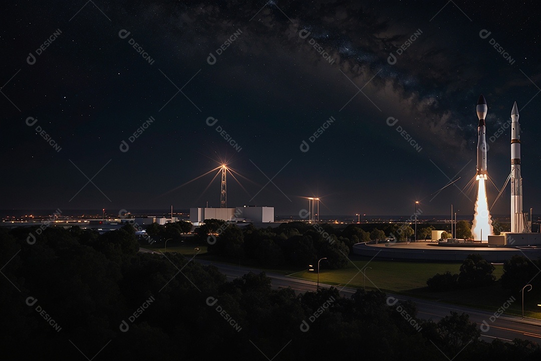 Foguete decolando em estação espacial