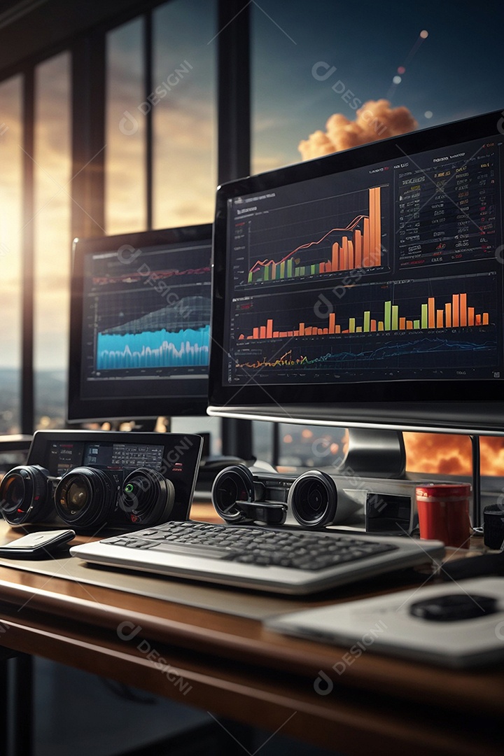 Mesa moderna de computador com lançamento de foguete em segundo plano
