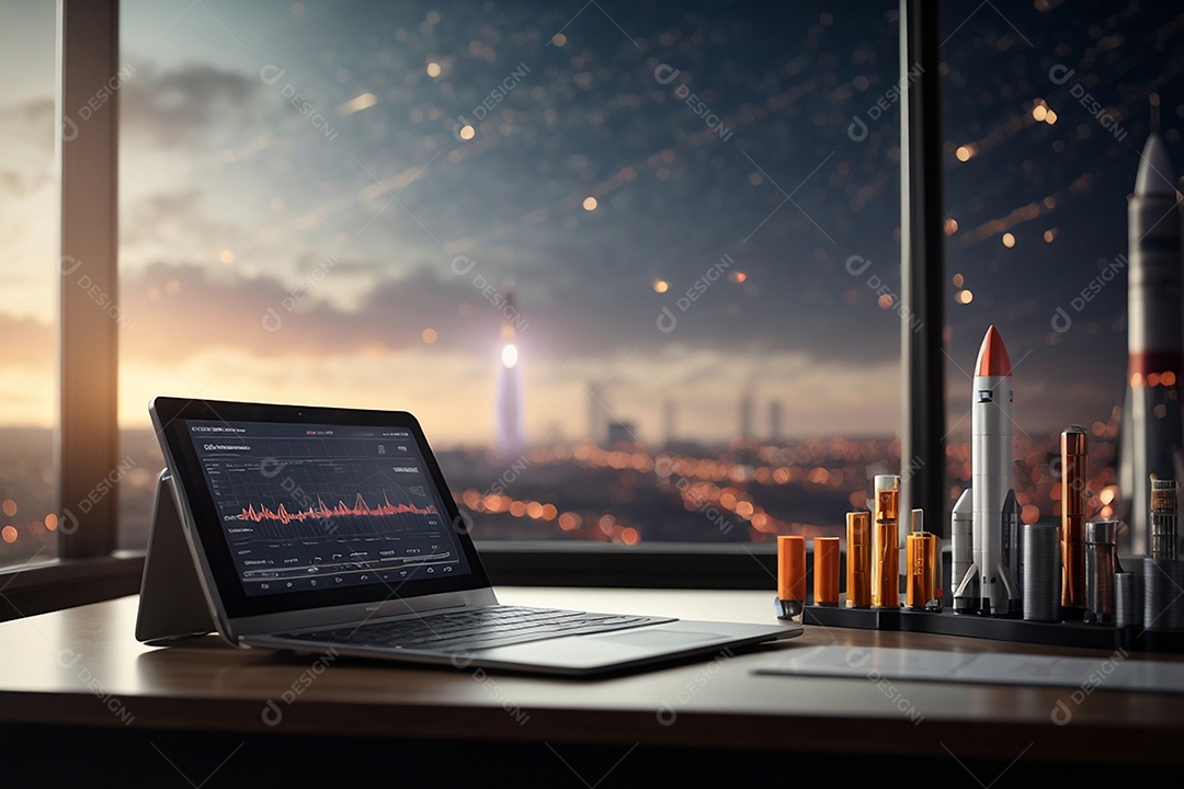 Mesa moderna de computador com lançamento de foguete em segundo plano