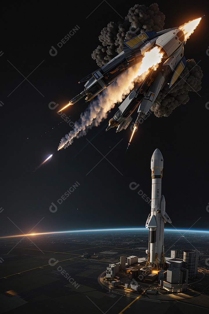 Mesa moderna de computador com lançamento de foguete em segundo plano