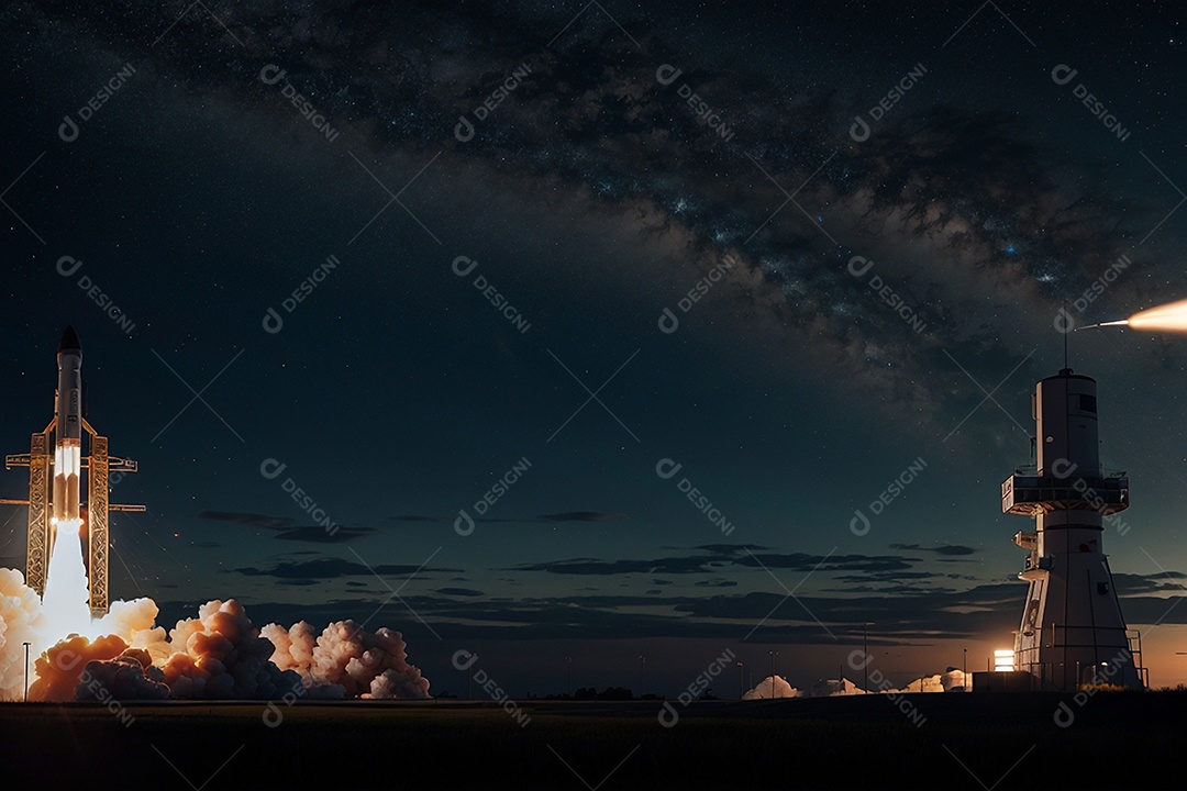 Mesa moderna de computador com lançamento de foguete em segundo plano