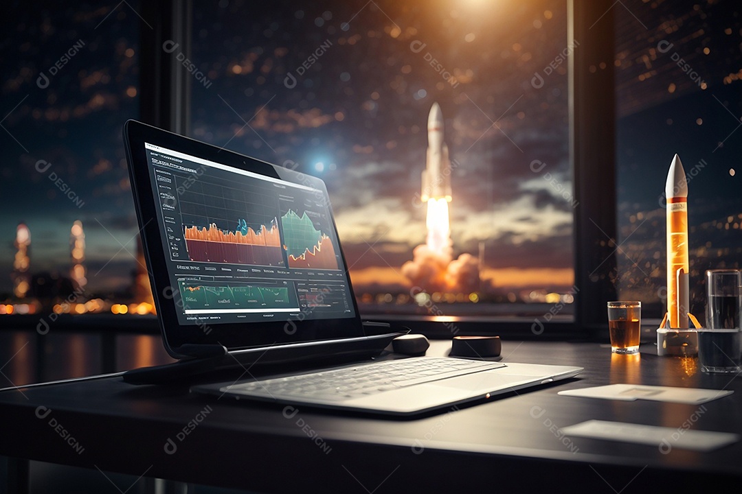 Mesa moderna de computador com lançamento de foguete em segundo plano