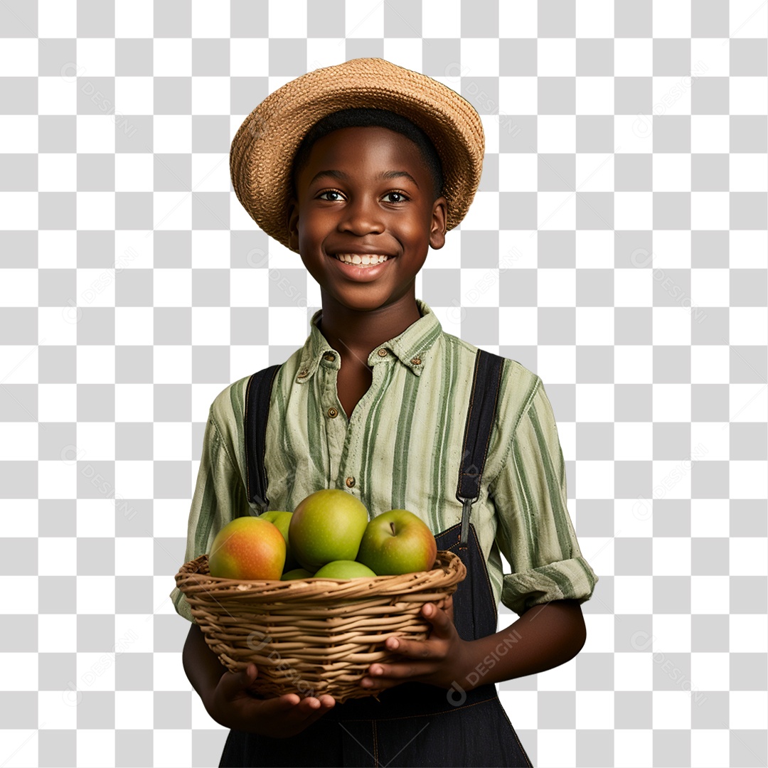 Criança Agricultor com Cesta nas Mãos Cheia de Frutas Verduras e Vegetais PNG Transparente