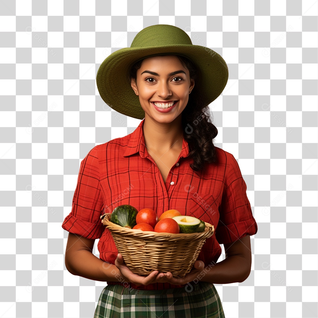 Mulher Agricultora com Cesta nas Mãos Cheia de Frutas Verduras e Vegetais PNG Transparente