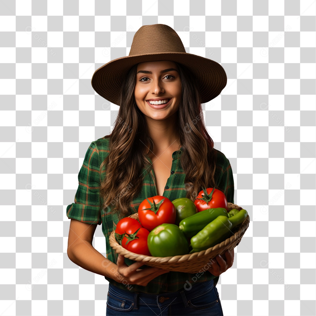 Mulher Agricultora com Cesta nas Mãos Cheia de Frutas Verduras e Vegetais PNG Transparente