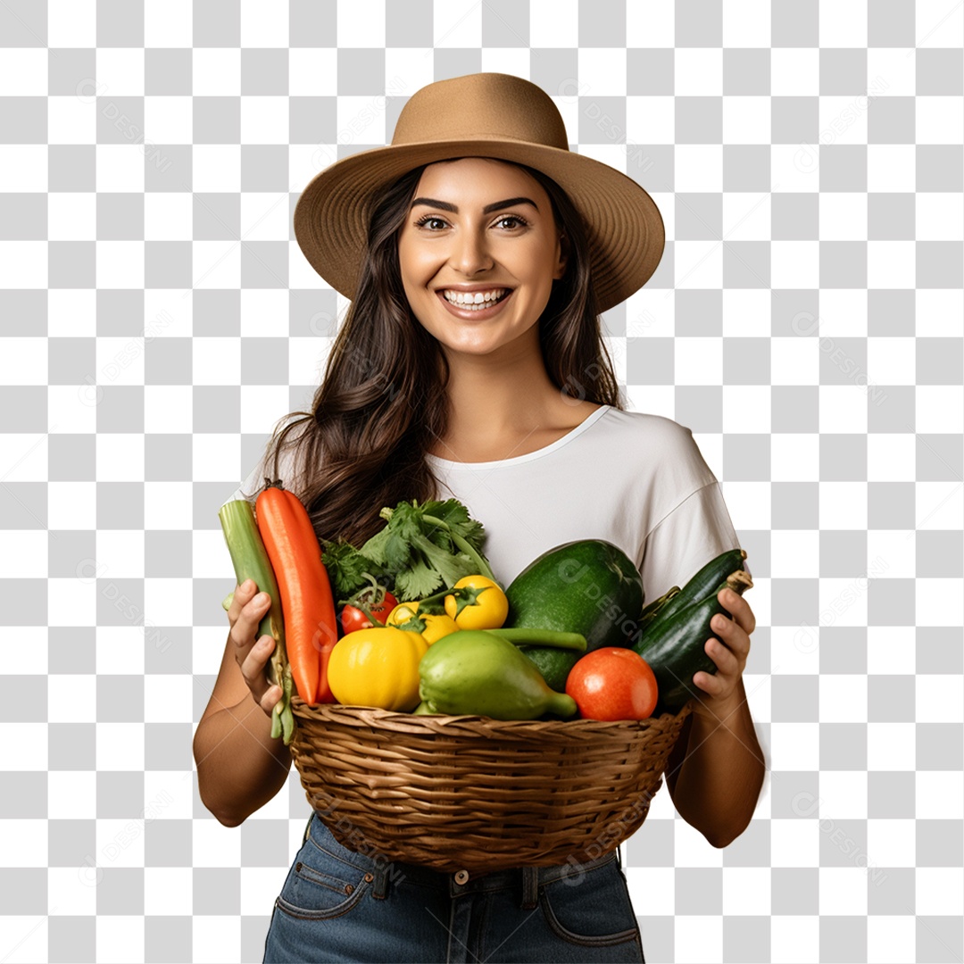 Mulher Agricultora com Cesta nas Mãos Cheia de Frutas Verduras e Vegetais PNG Transparente