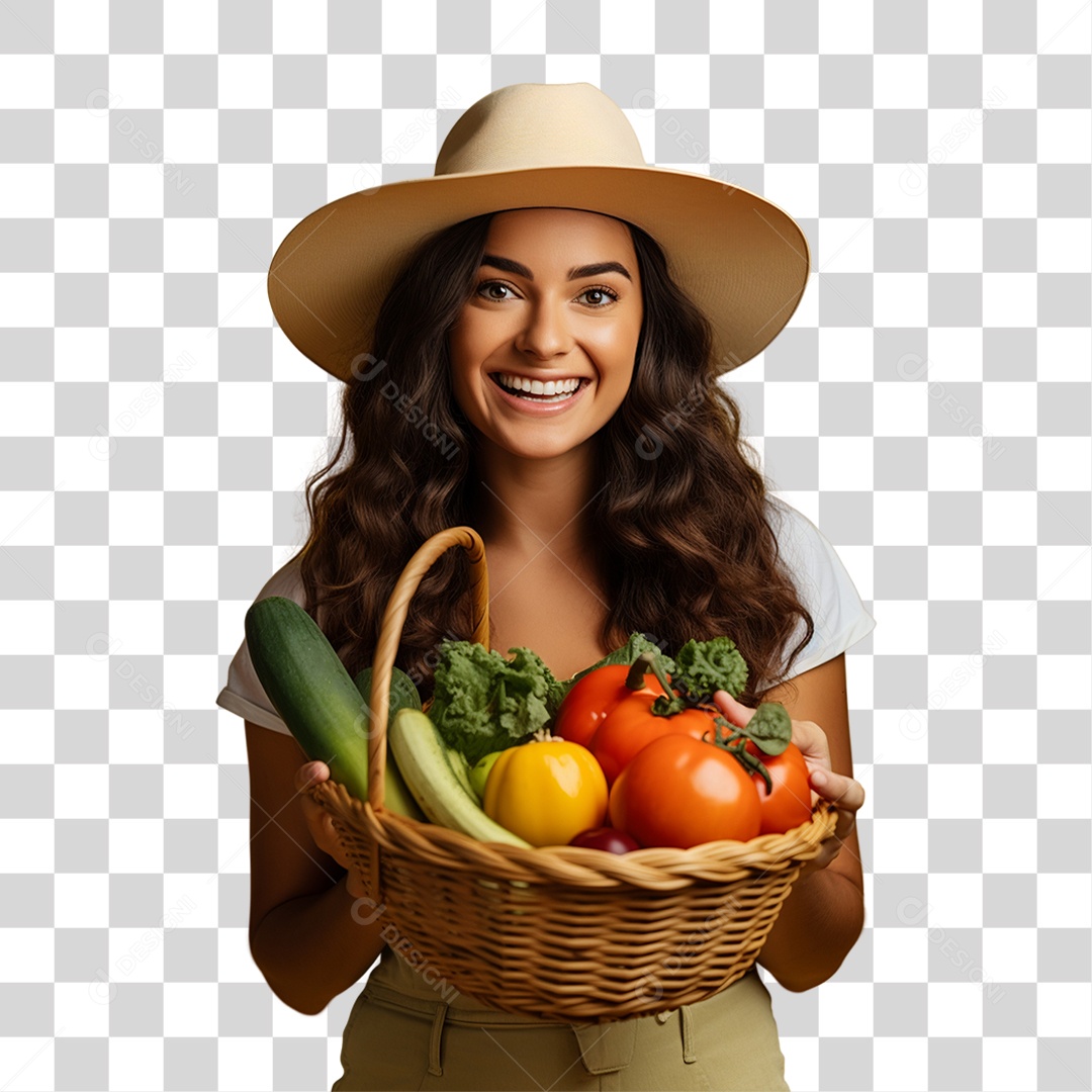 Mulher Agricultora com Cesta nas Mãos Cheia de Frutas Verduras e Vegetais PNG Transparente