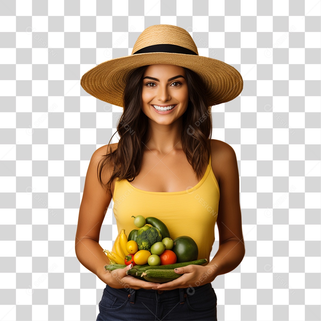 Mulher Agricultora com Cesta nas Mãos Cheia de Frutas Verduras e Vegetais PNG Transparente