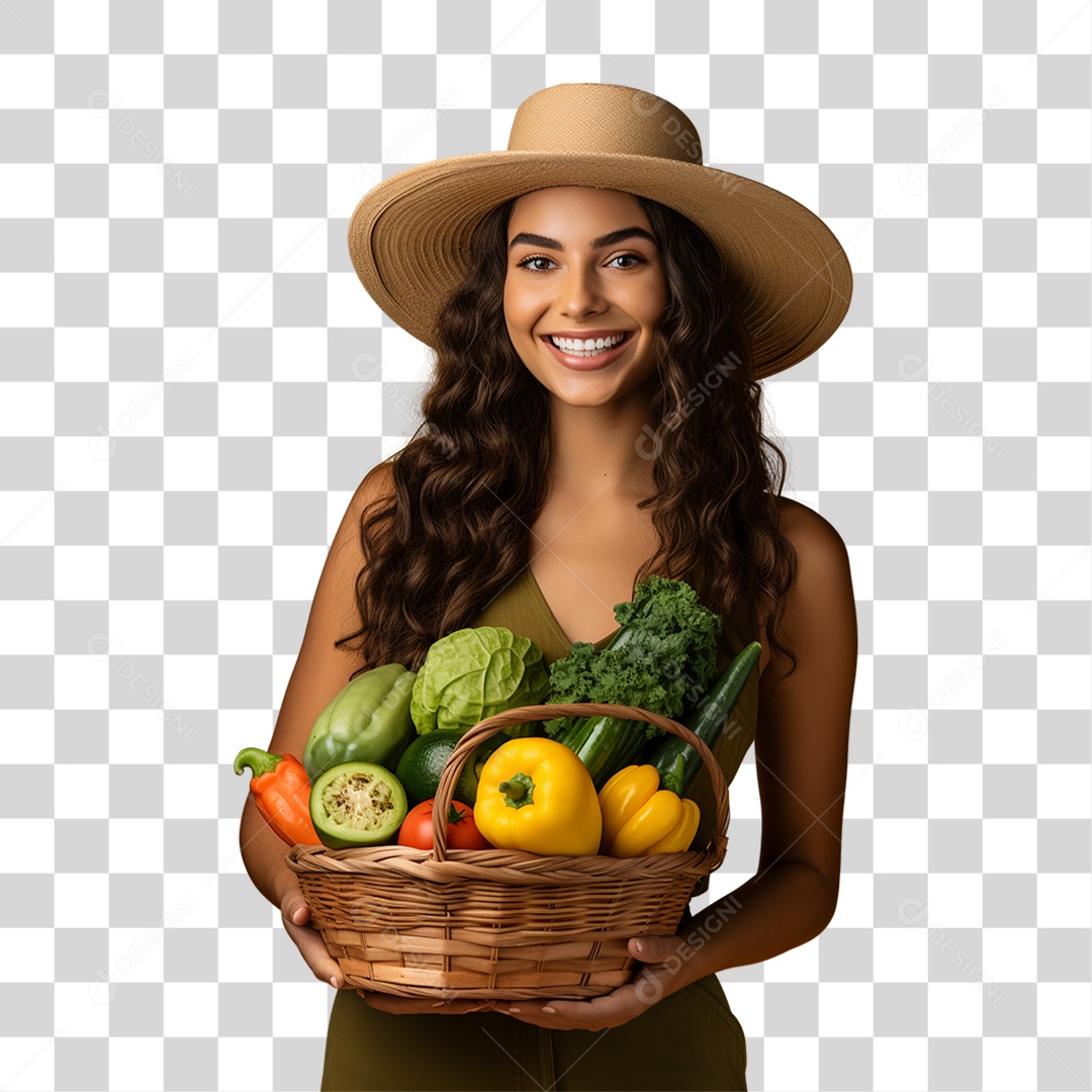 Mulher Agricultora com Cesta nas Mãos Cheia de Frutas Verduras e Vegetais PNG Transparente
