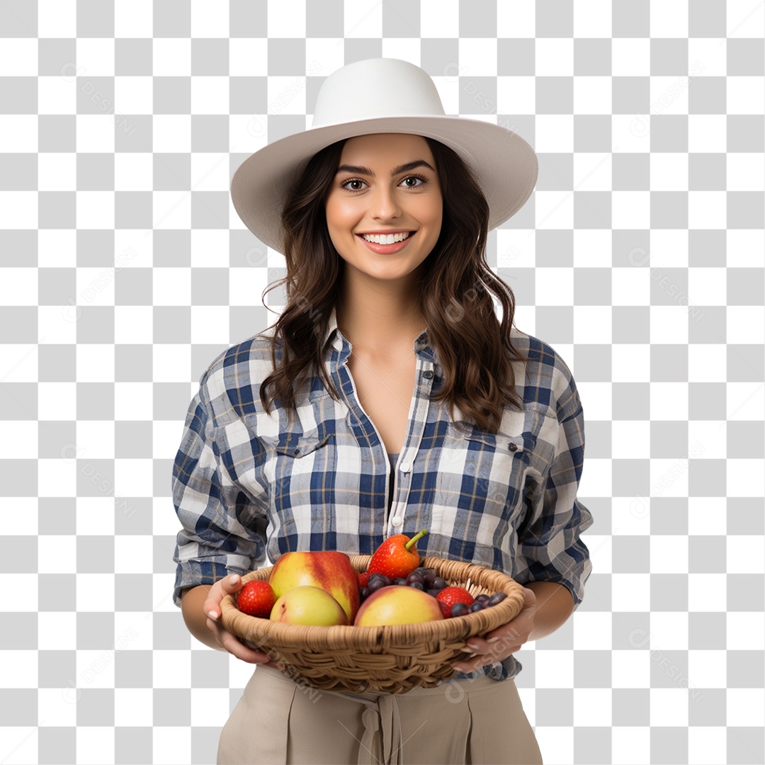 Mulher Agricultora com Cesta nas Mãos Cheia de Frutas Verduras e Vegetais PNG Transparente
