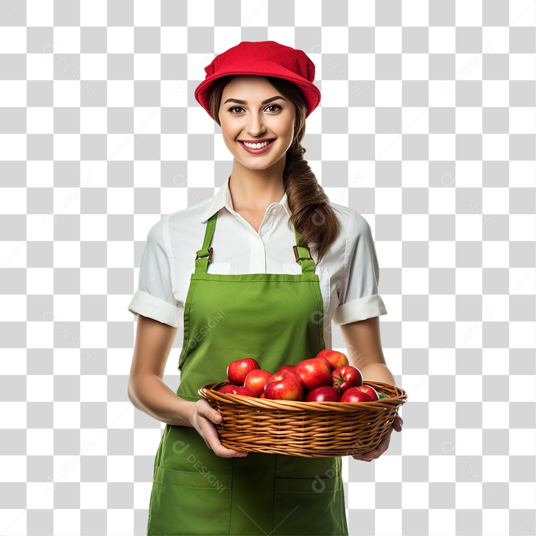 Mulher Agricultora com Cesta nas Mãos Cheia de Frutas Verduras e Vegetais PNG Transparente