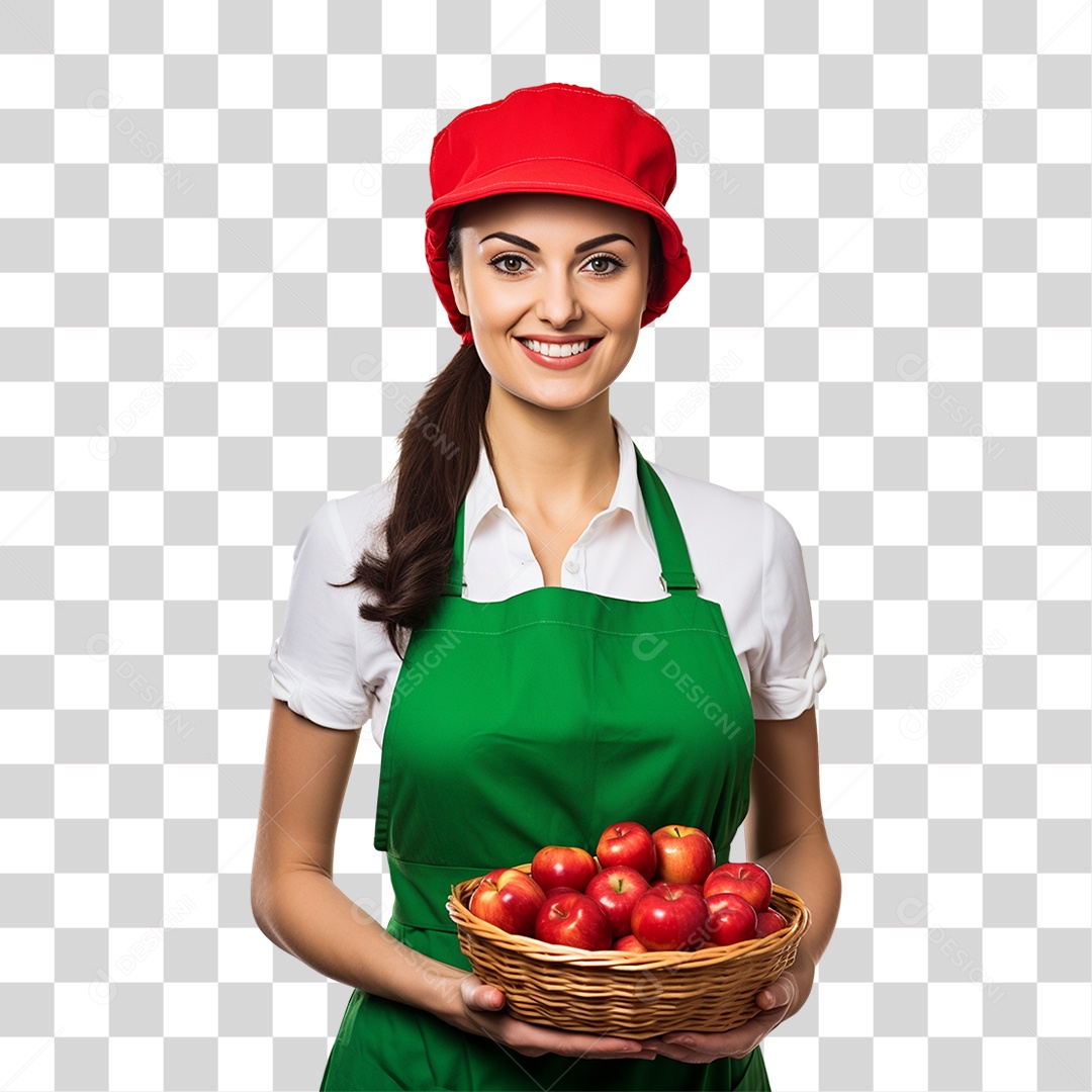 Mulher Agricultora com Cesta nas Mãos Cheia de Frutas Verduras e Vegetais PNG Transparente