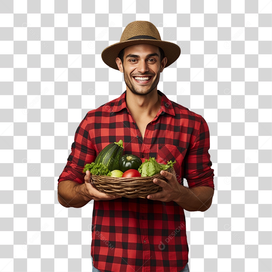 Homem Agricultor com Cesta nas Mãos Cheia de Frutas Verduras e Vegetais PNG Transparente