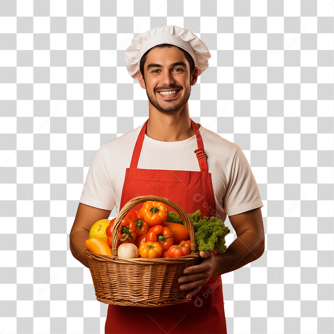 Homem Agricultor com Cesta nas Mãos Cheia de Frutas Verduras e Vegetais PNG Transparente