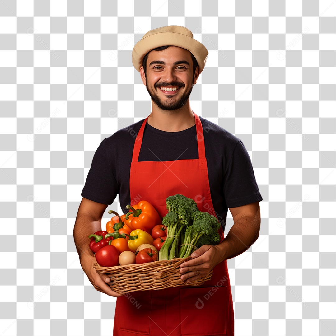Homem Agricultor com Cesta nas Mãos Cheia de Frutas Verduras e Vegetais PNG Transparente