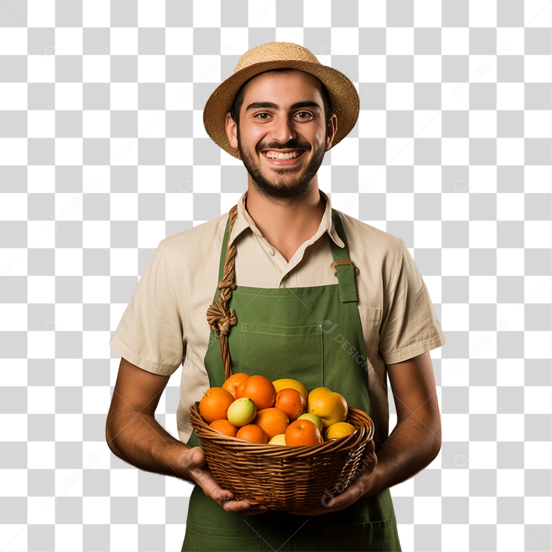Homem Agricultor com Cesta nas Mãos Cheia de Frutas Verduras e Vegetais PNG Transparente