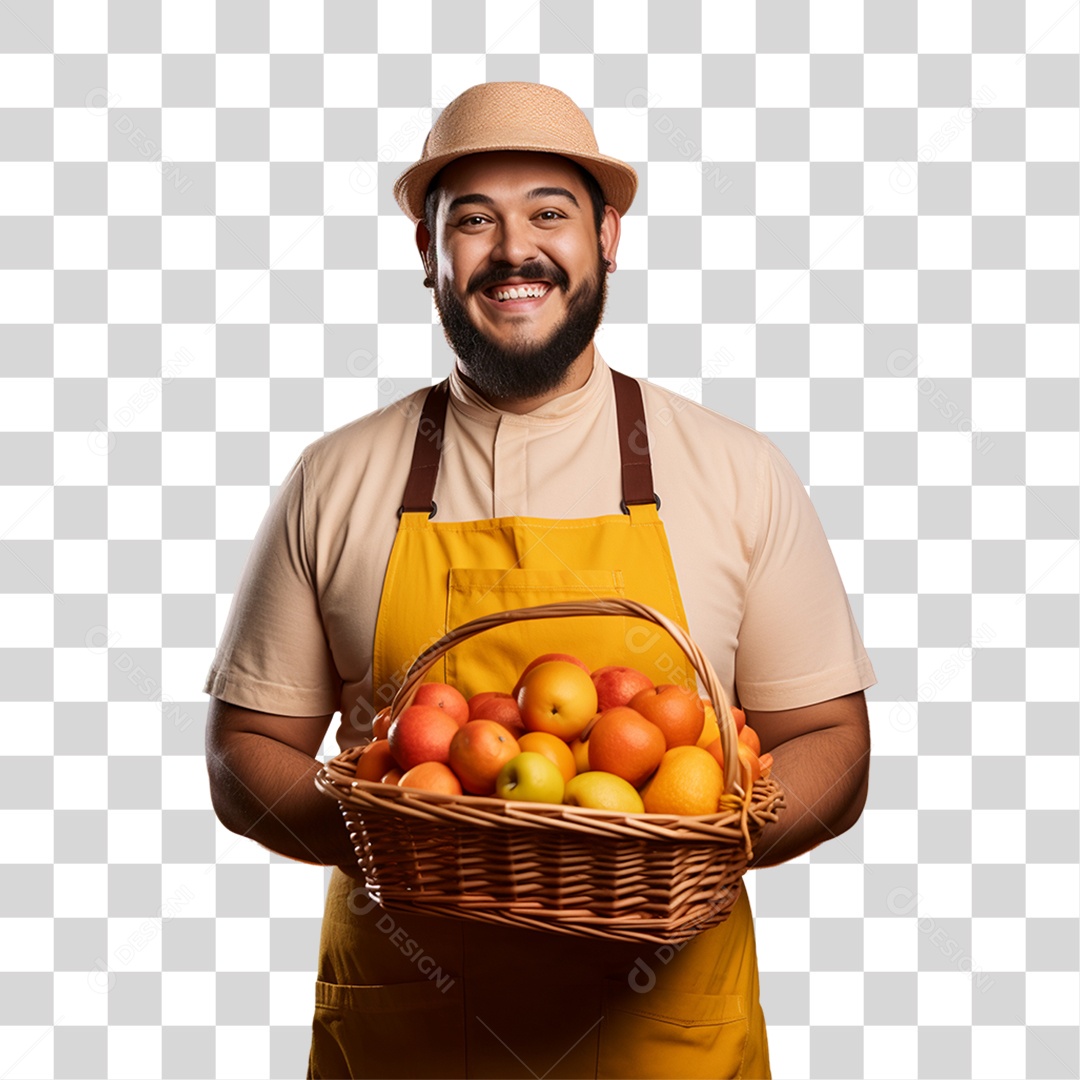 Homem Agricultor com Cesta nas Mãos Cheia de Frutas Verduras e Vegetais PNG Transparente