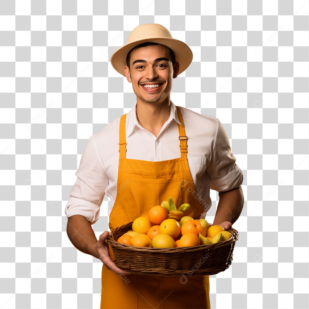 Homem Agricultor com Cesta nas Mãos Cheia de Frutas Verduras e Vegetais PNG Transparente