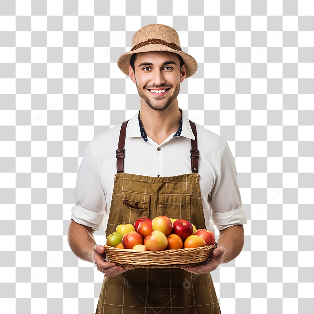 Homem Agricultor com Cesta nas Mãos Cheia de Frutas Verduras e Vegetais PNG Transparente