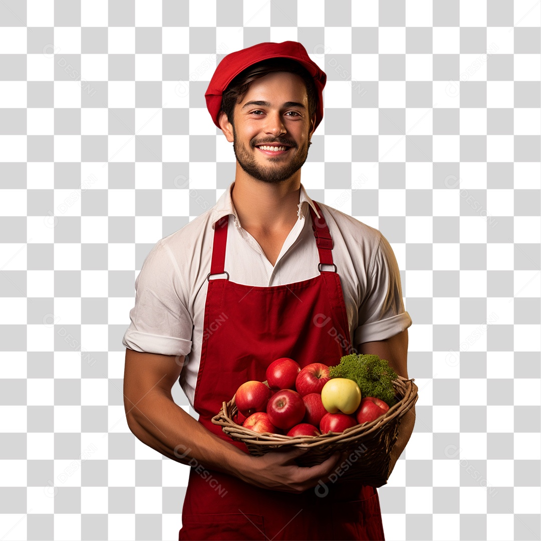 Homem Agricultor com Cesta nas Mãos Cheia de Frutas Verduras e Vegetais PNG Transparente