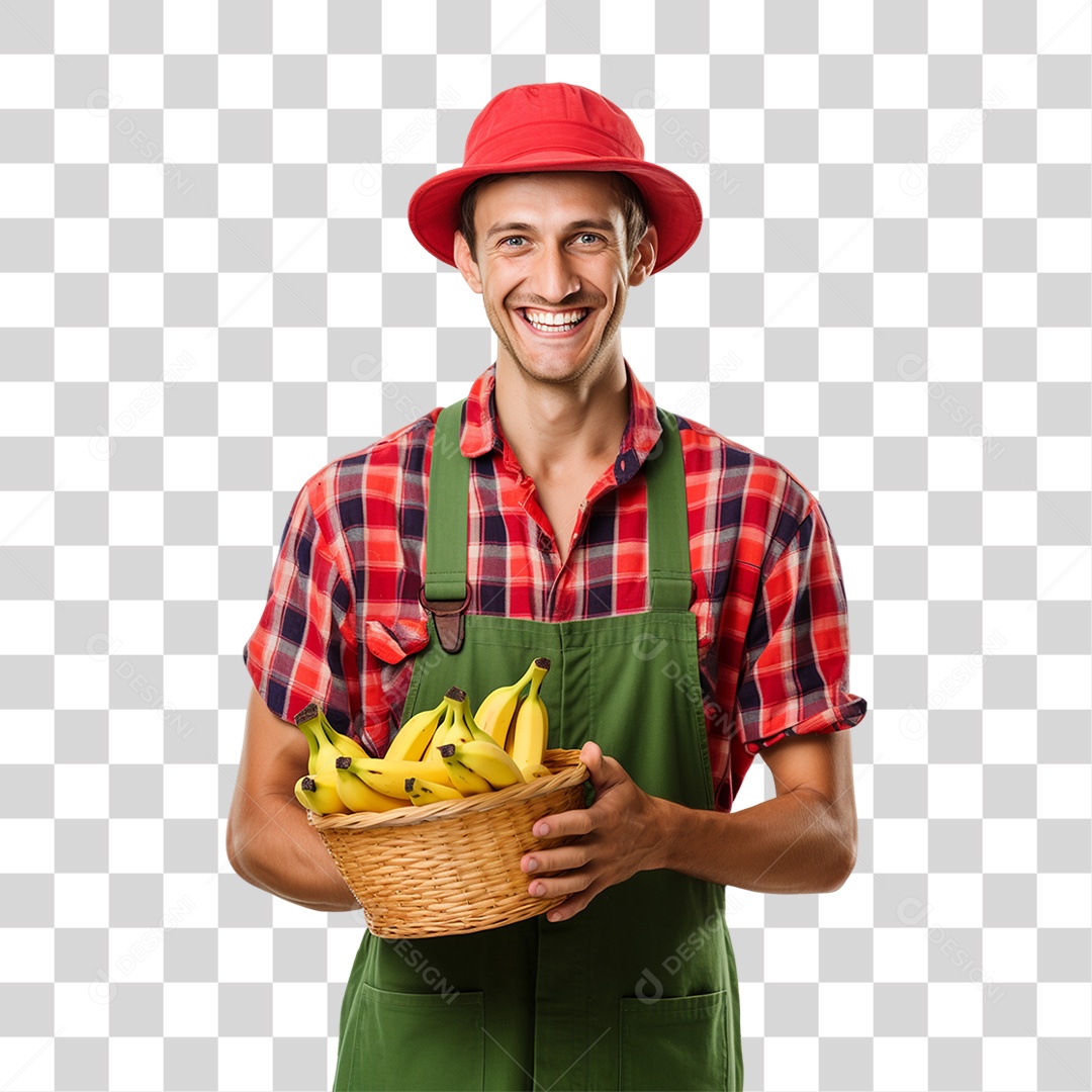 Homem Agricultor com Cesta nas Mãos Cheia de Frutas Verduras e Vegetais PNG Transparente