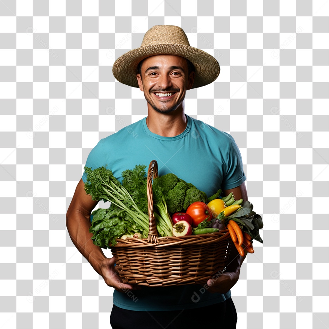 Homem Agricultor com Cesta nas Mãos Cheia de Frutas Verduras e Vegetais PNG Transparente