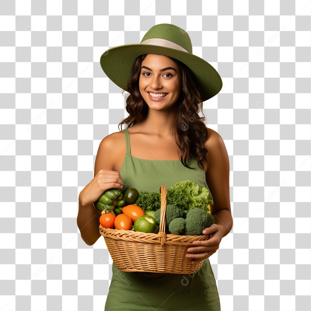 Mulher Agricultora com Cesta nas Mãos Cheia de Frutas Verduras e Vegetais PNG Transparente
