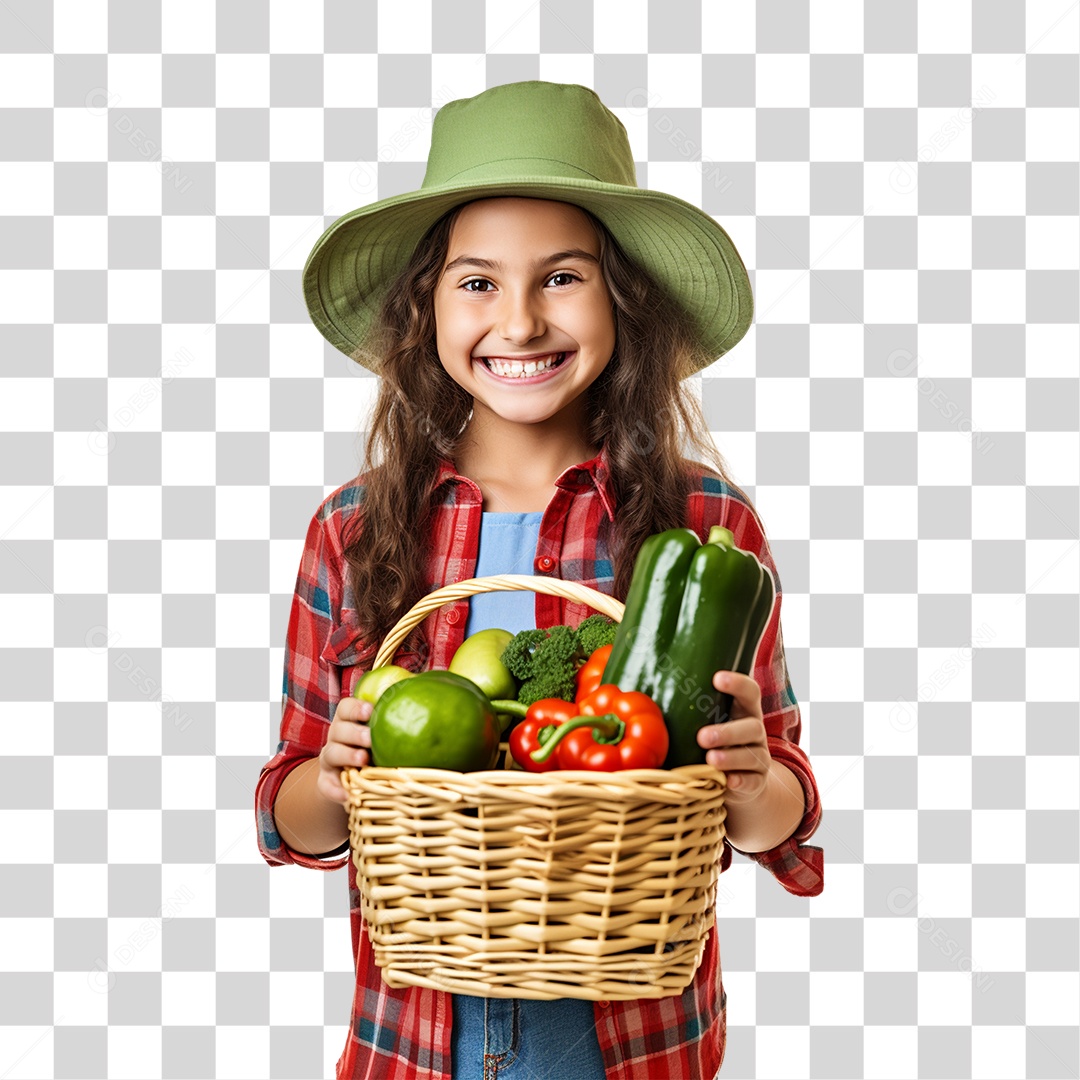 Mulher Agricultora com Cesta nas Mãos Cheia de Frutas Verduras e Vegetais PNG Transparente