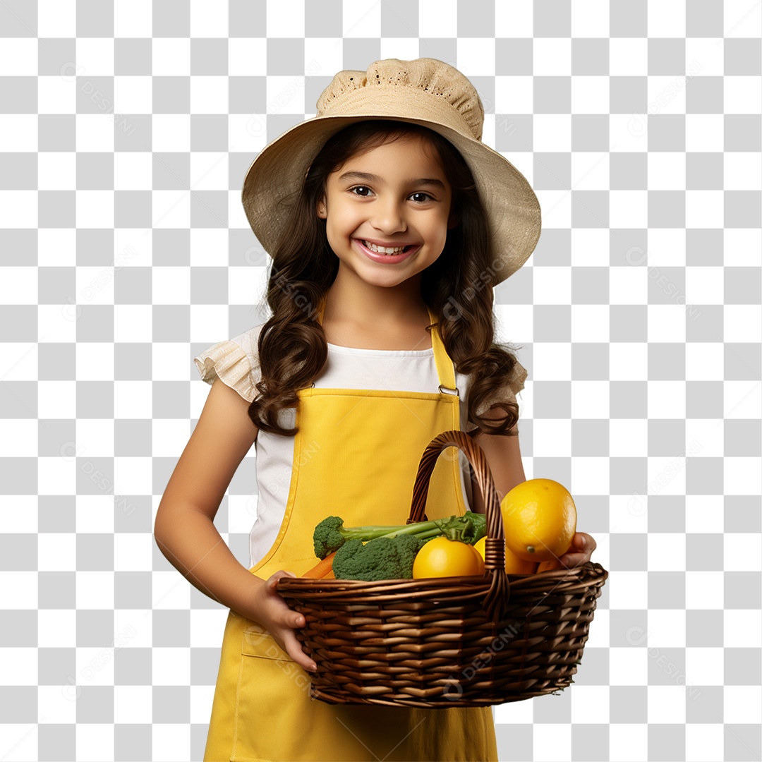 Criança Agricultora com Cesta nas Mãos Cheia de Frutas Verduras e Vegetais PNG Transparente