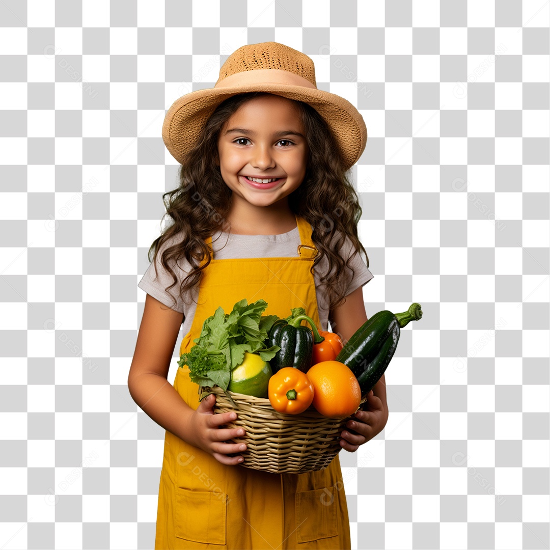 Criança Agricultora com Cesta nas Mãos Cheia de Frutas Verduras e Vegetais PNG Transparente