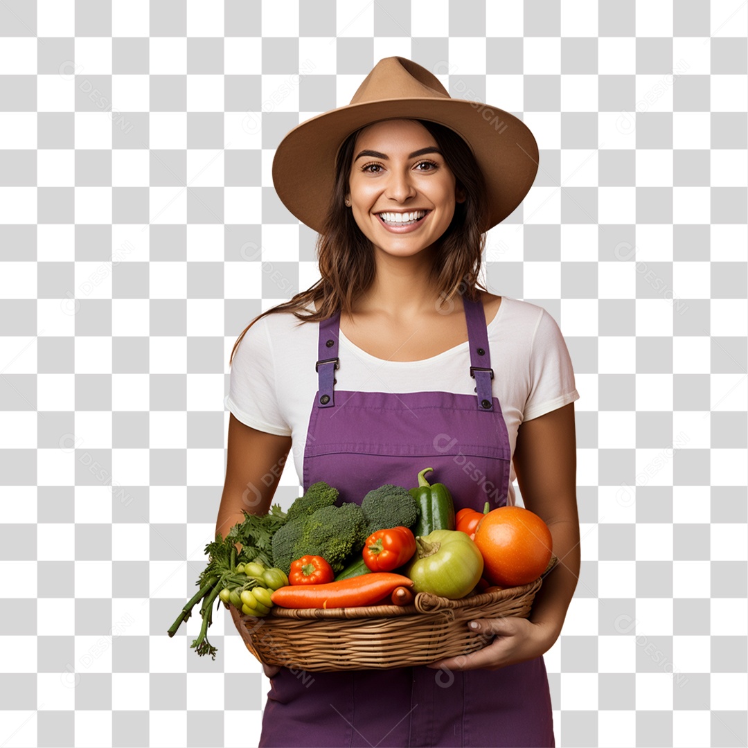 Mulher Agricultora com Cesta nas Mãos Cheia de Frutas Verduras e Vegetais PNG Transparente