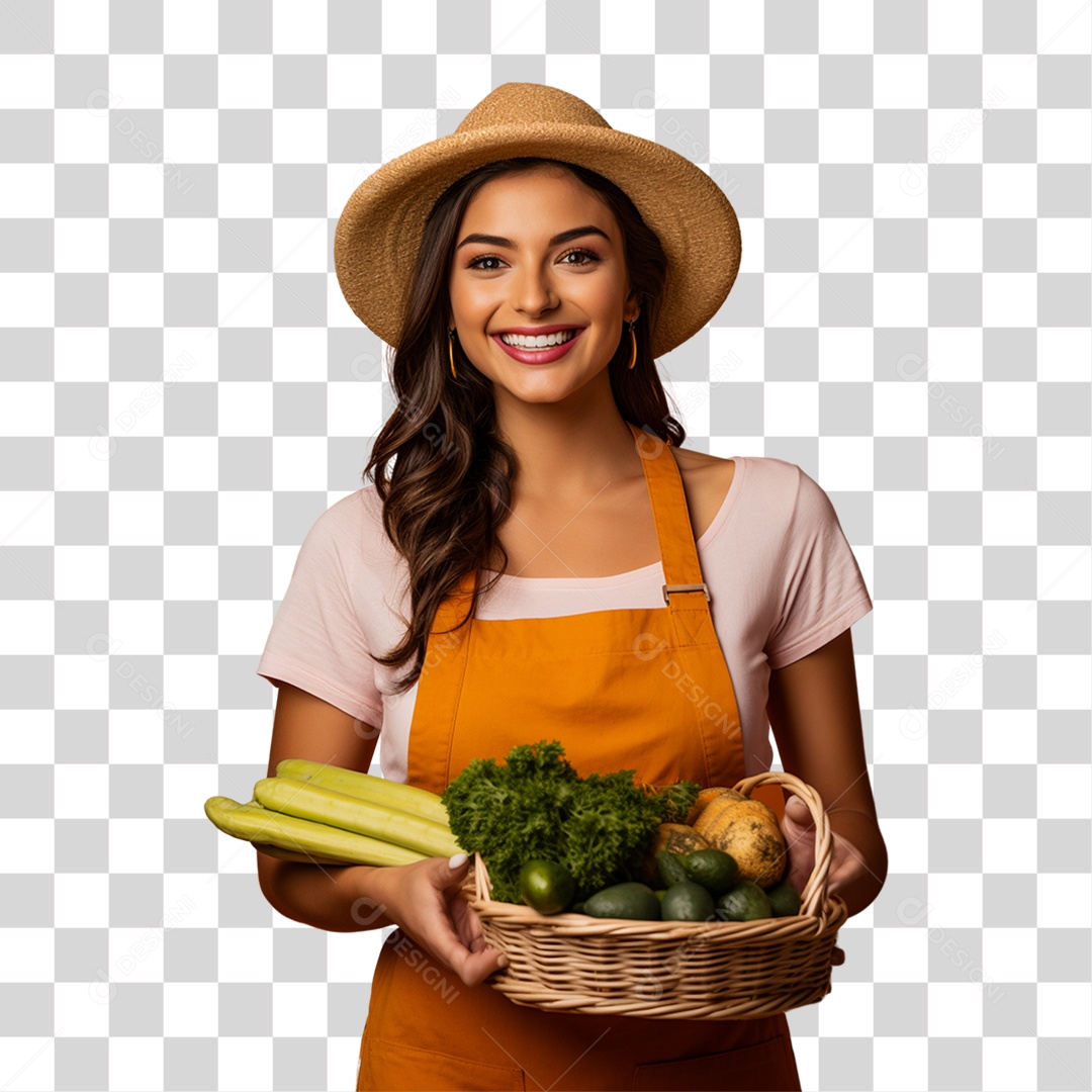 Mulher Agricultora com Cesta nas Mãos Cheia de Frutas Verduras e Vegetais PNG Transparente