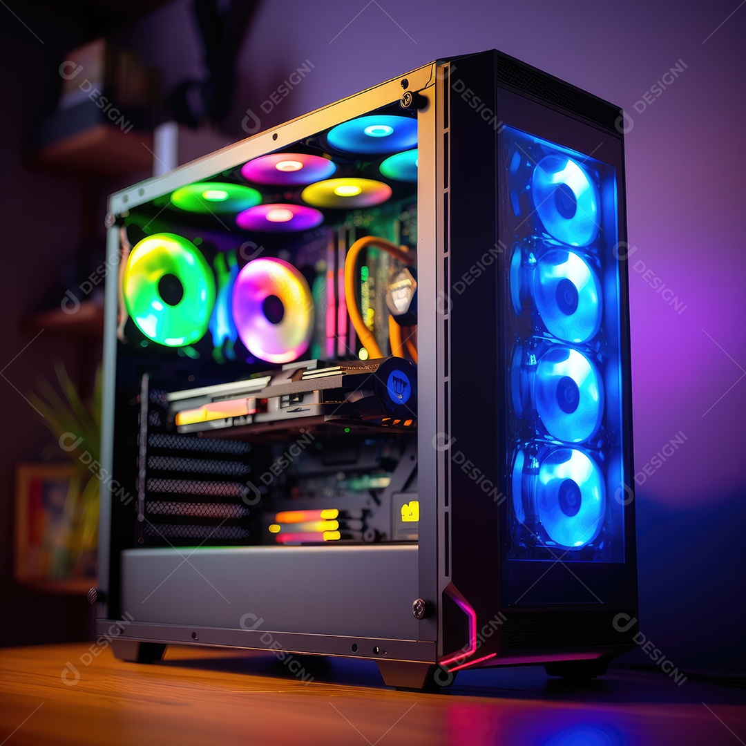 Computador gamer sobre uma mesa de madeira