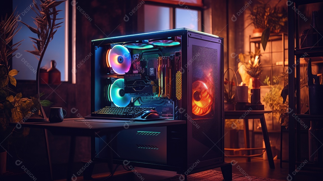 Computador gamer sobre uma mesa de madeira