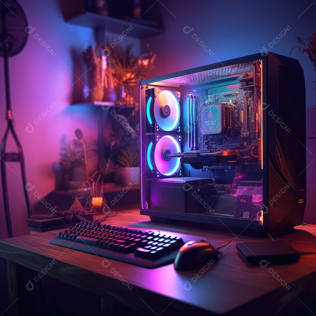 Computador gamer sobre uma mesa de madeira