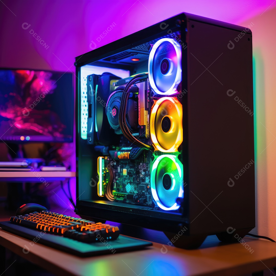 Computador gamer sobre uma mesa de madeira