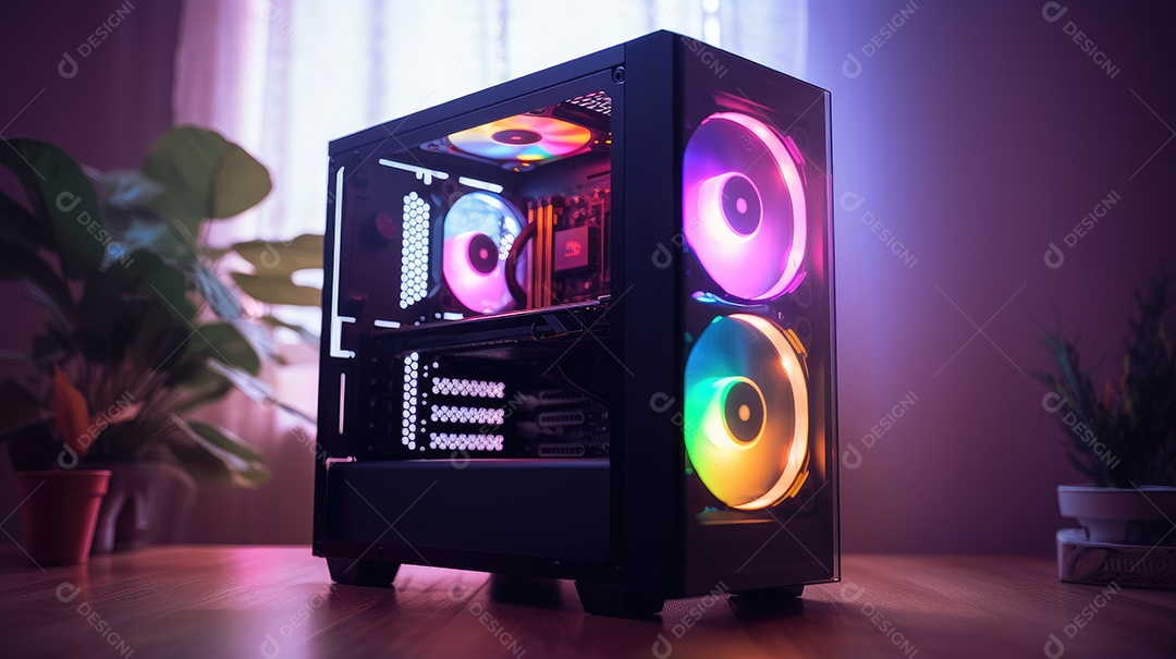 Computador gamer sobre uma mesa de madeira