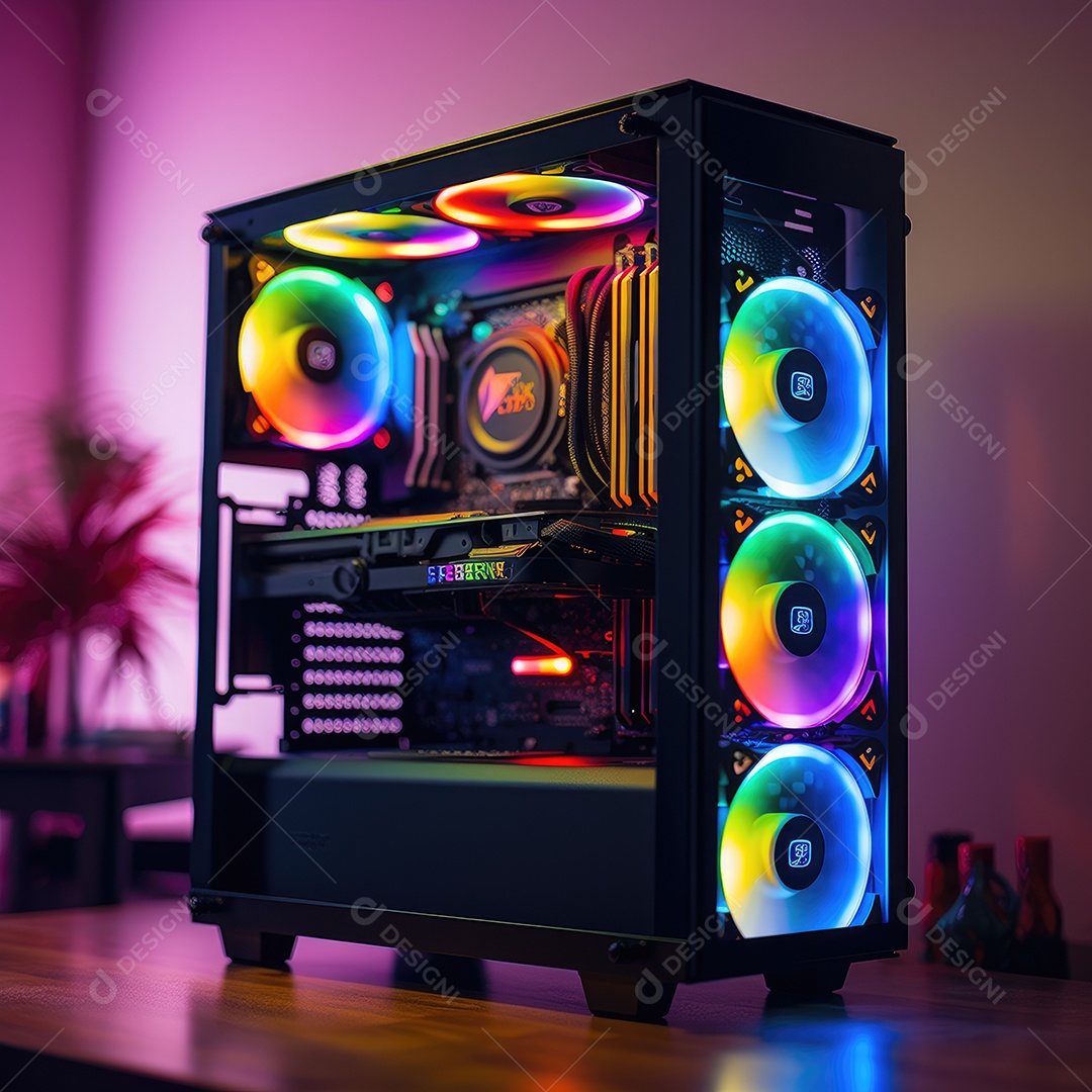 Computador gamer sobre uma mesa de madeira