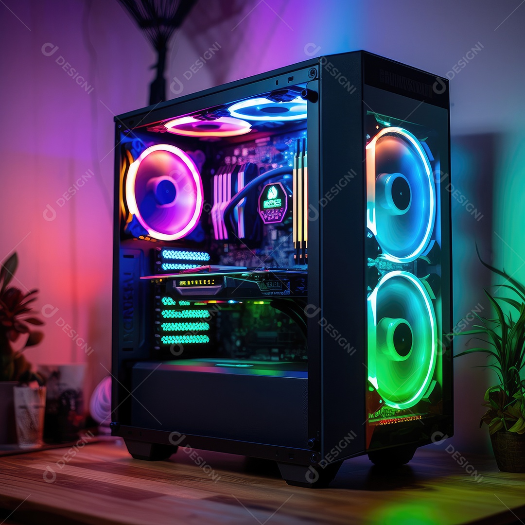 Computador gamer sobre uma mesa de madeira