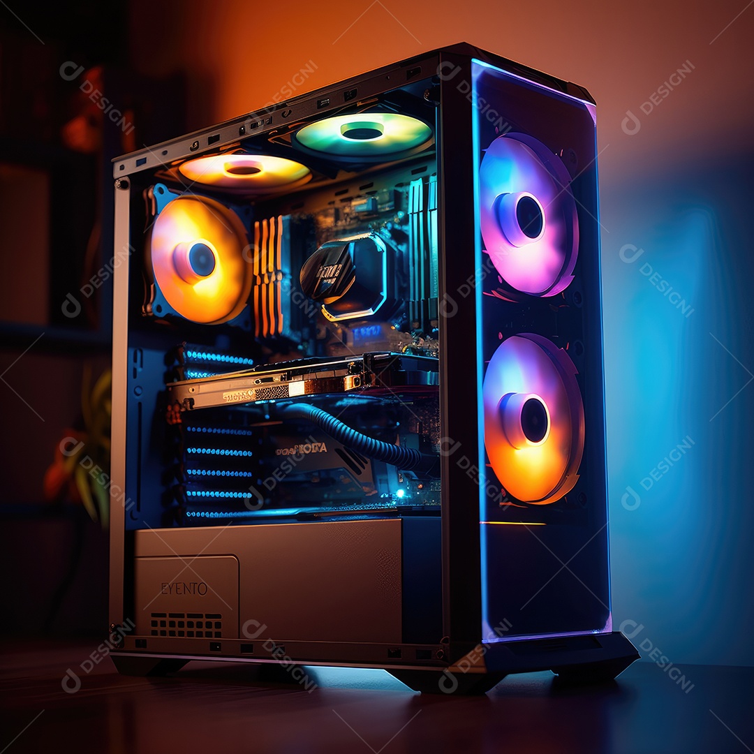 Computador gamer sobre uma mesa de madeira