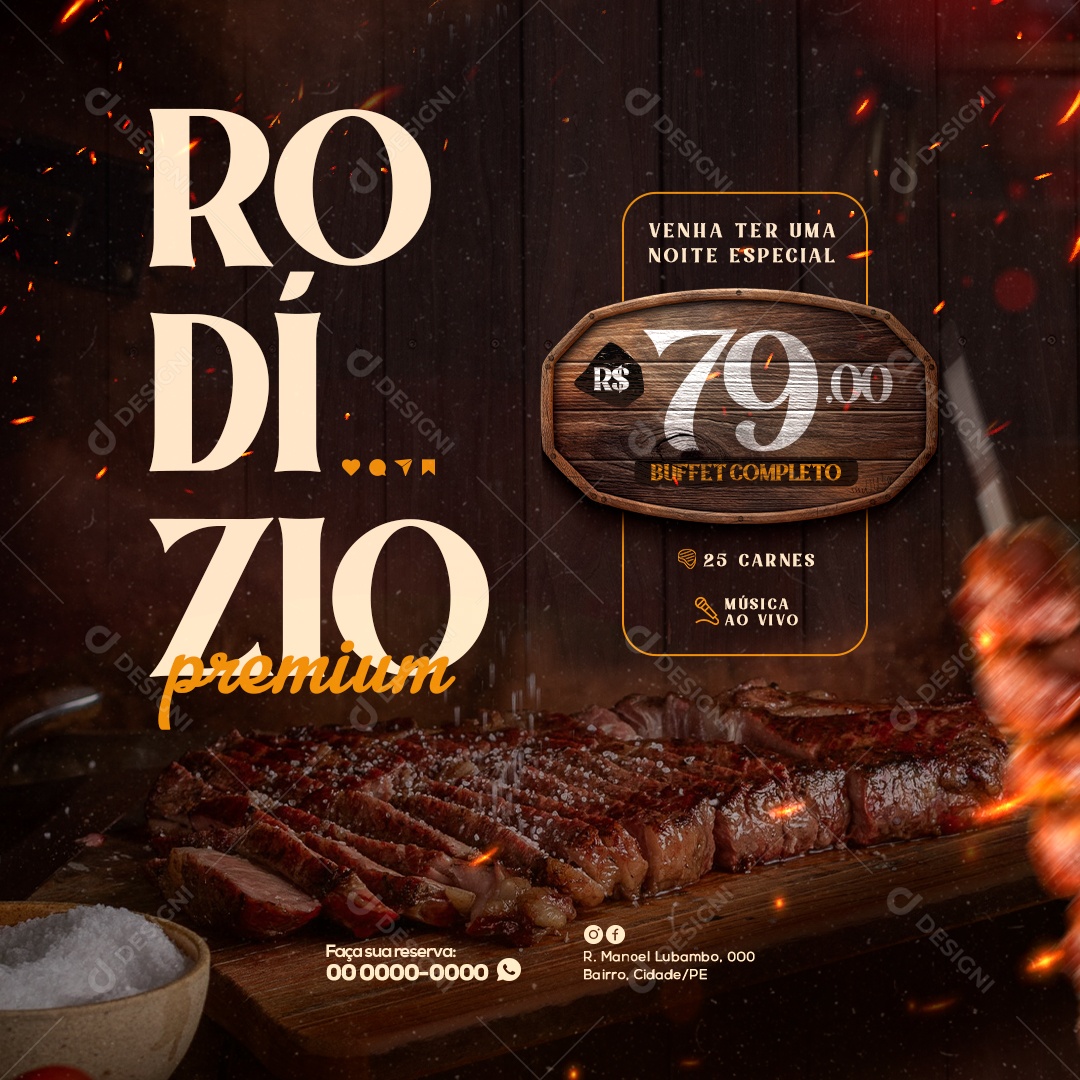Churrascaria Rodízio Premium Venha ter uma Noite Especial Social Media PSD Editável