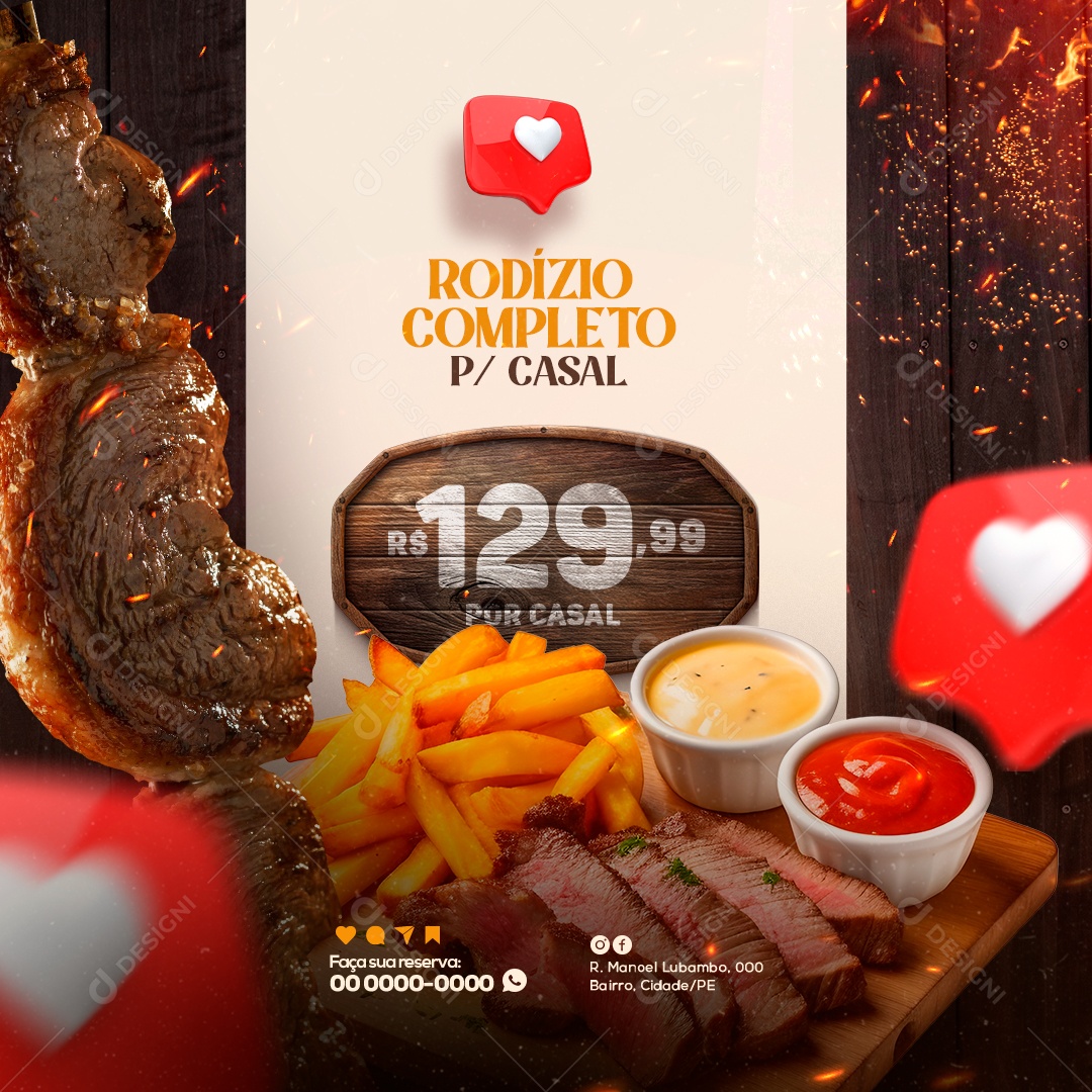 Churrascaria Rodízio Completo para Casal 129 Reais por Casal Social Media PSD Editável