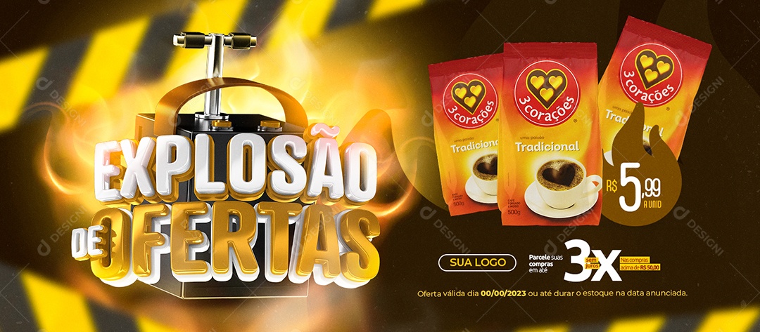 Banner Explosão de Ofertas Café 3 Corações Tradicional Social Media PSD Editável