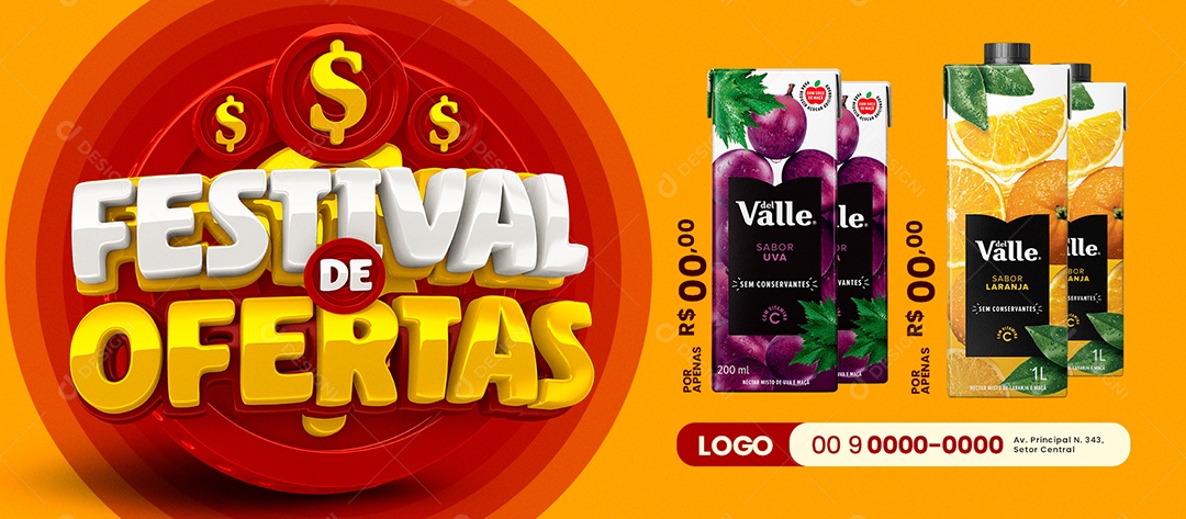 Banner Festival de Ofertas Suco Del Valle Uva Suco Del Valle Laranja Social Media PSD Editável