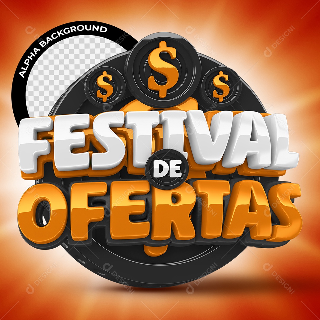 Festival de Ofertas Selo 3D Branco Preto e Laranja para Composição PSD