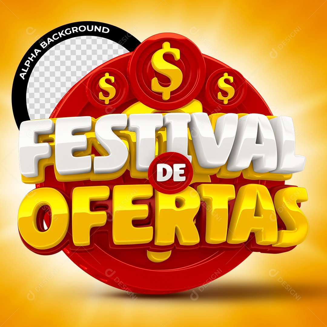Festival de Ofertas Selo 3D Branco Dourado e Vermelho para Composição PSD